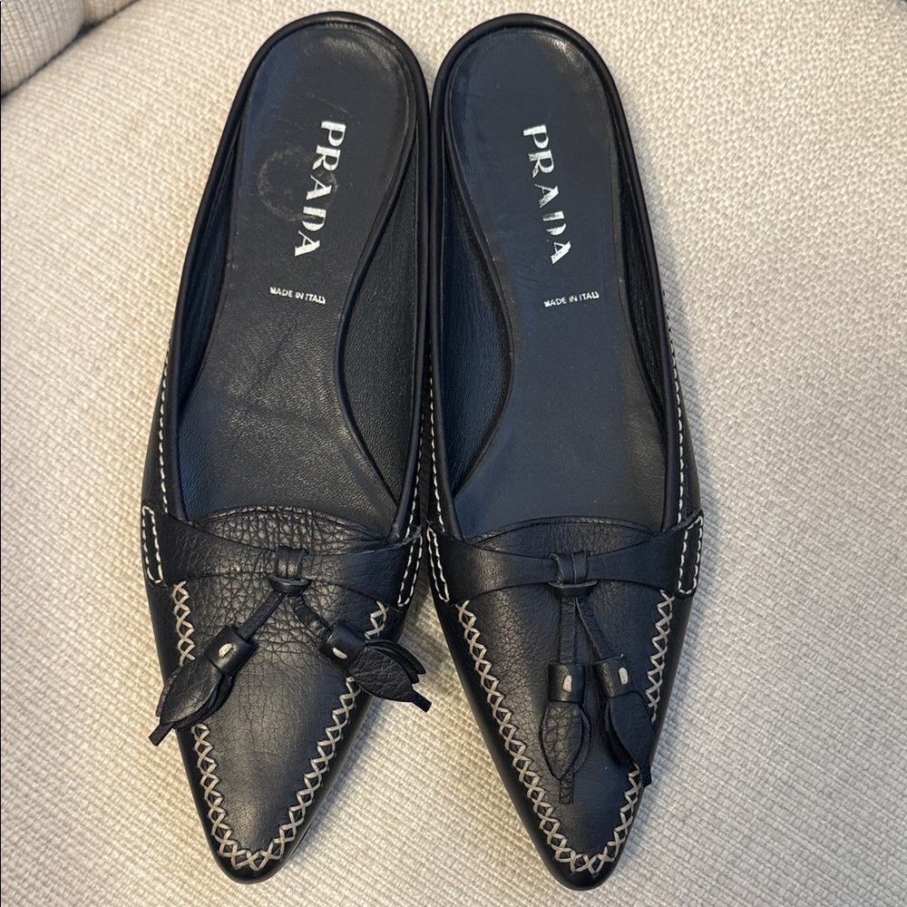 Women's Prada Black Leather Slipper Mule with White Stitching and Tassels - Picture 1 of 5